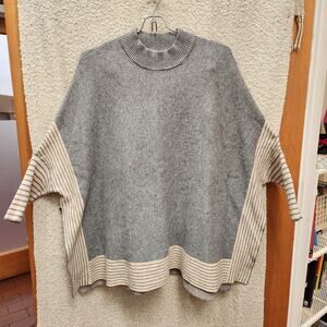 Cocobleu Women's S/M Half-Sleeve Knit Poncho Sweater Gray Tan Striped